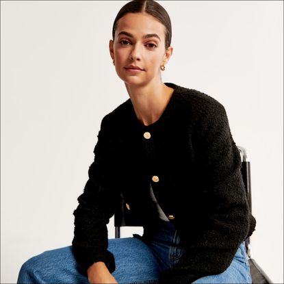 Image of model wearing Abercrombie tweed jacket